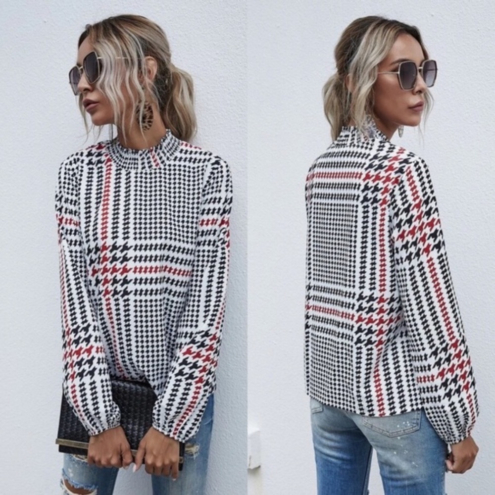Houndstooth Print black red mock neck blouse - Picture 5 of 7
